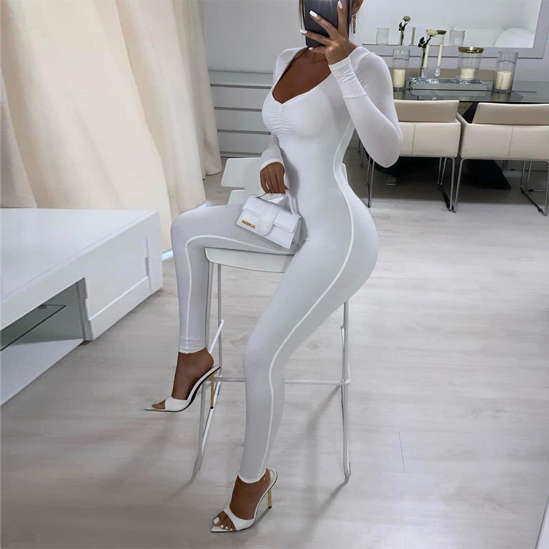 Women Jumpsuit Women's Autumn and Winter Long Sleeve V-neck Tight Trousers