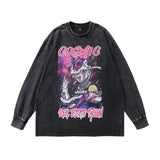 Men Long Sleeve Shirt Cartoon Anime Print Distressed Long Sleeve T-shirt for Men and Women