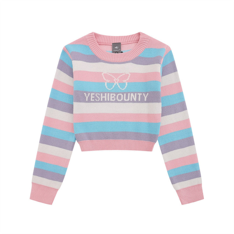 Women Sweater Butterfly-Patterned Short Style Sweater Women's Autumn Contrast Color Long Sleeves Sweater