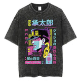 Vintage Black Washed Cotton Tees Shirts Anime Graphic