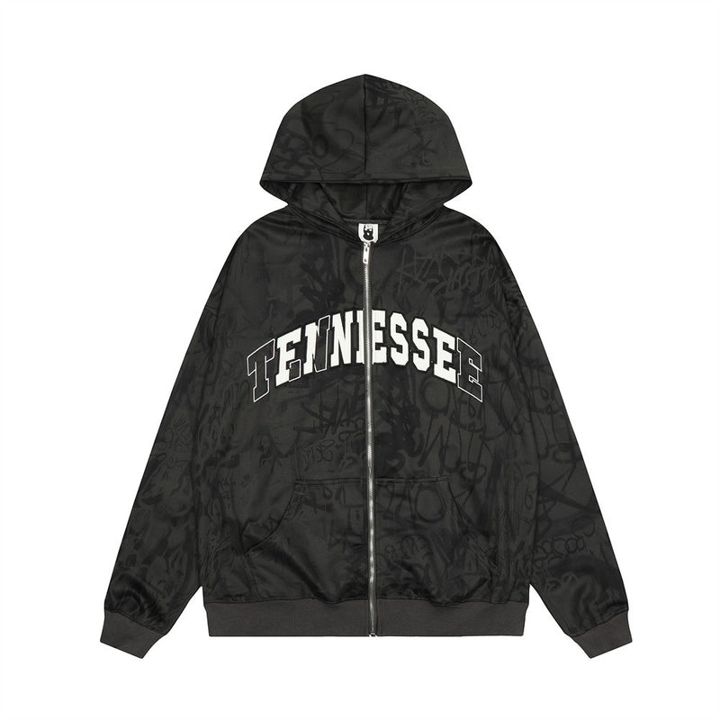 Men Hoodie Graffiti Hooded Coat Punk Hip Hop Loose Embroidered Letter Cardigan Sweater Spring and Autumn