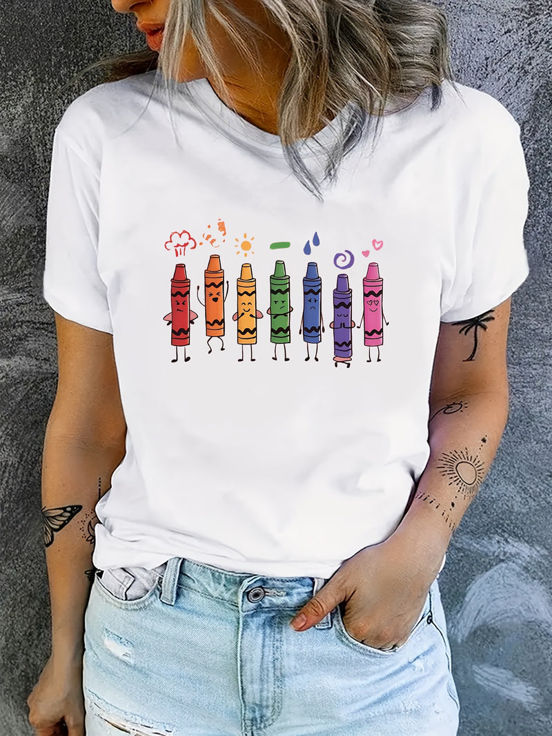 Crayon Print T-shirt, Short Sleeve Crew Neck Casual Top