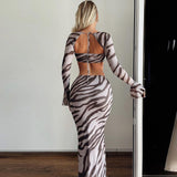 Jungle Print Maxi Dress Sexy Tube Top Long-Sleeve Suit
