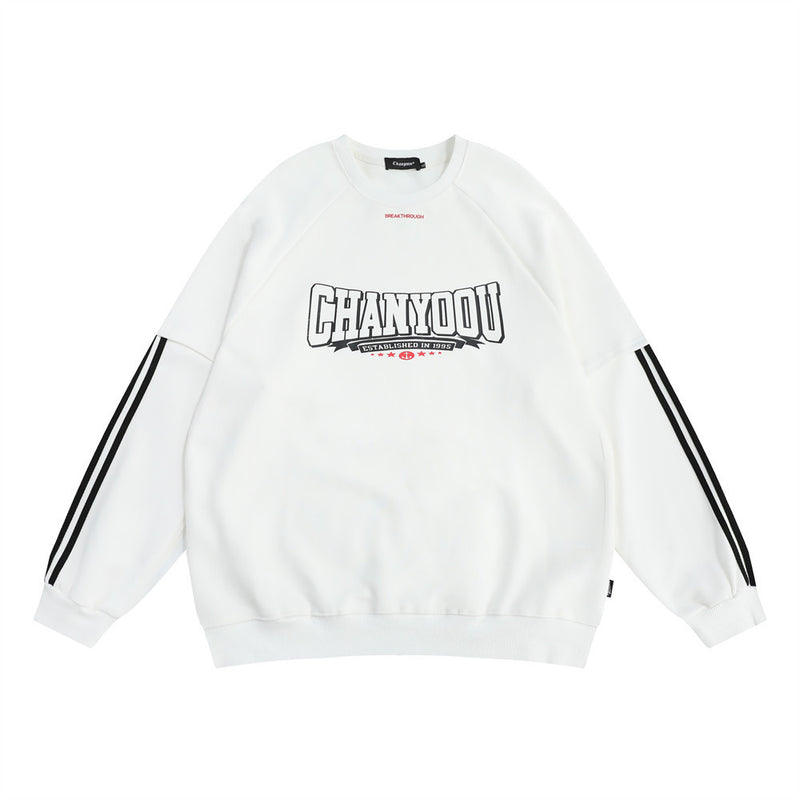 Men Hoodie Letter Printed Striped Long-Sleeved Sweater Spring and Autumn round Neck Raglan Sleeves Sports Top