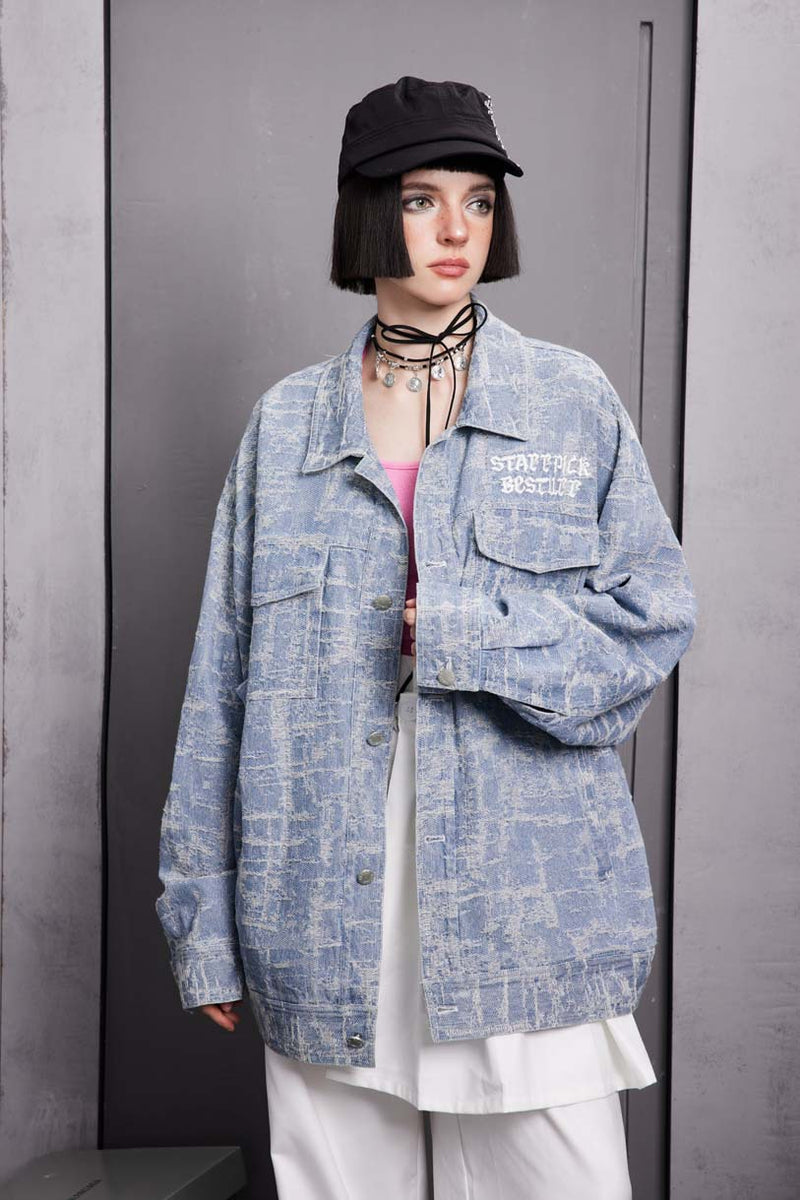Unisex Jacket Autumn Jacquard Washed Denim Jacket