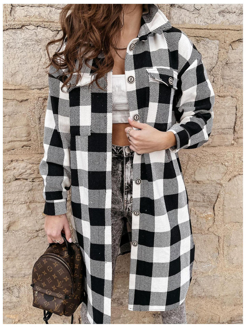 Plaid Trench Coat Fashion Mid-Length Plaid Shirt Coat Female