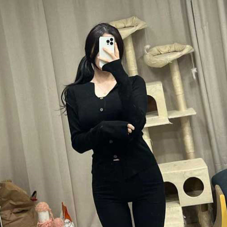 Women Long Sleeve Shirt V-neck Sweater Women's Volleyball Buckle Split Long Sleeve Casual Autumn