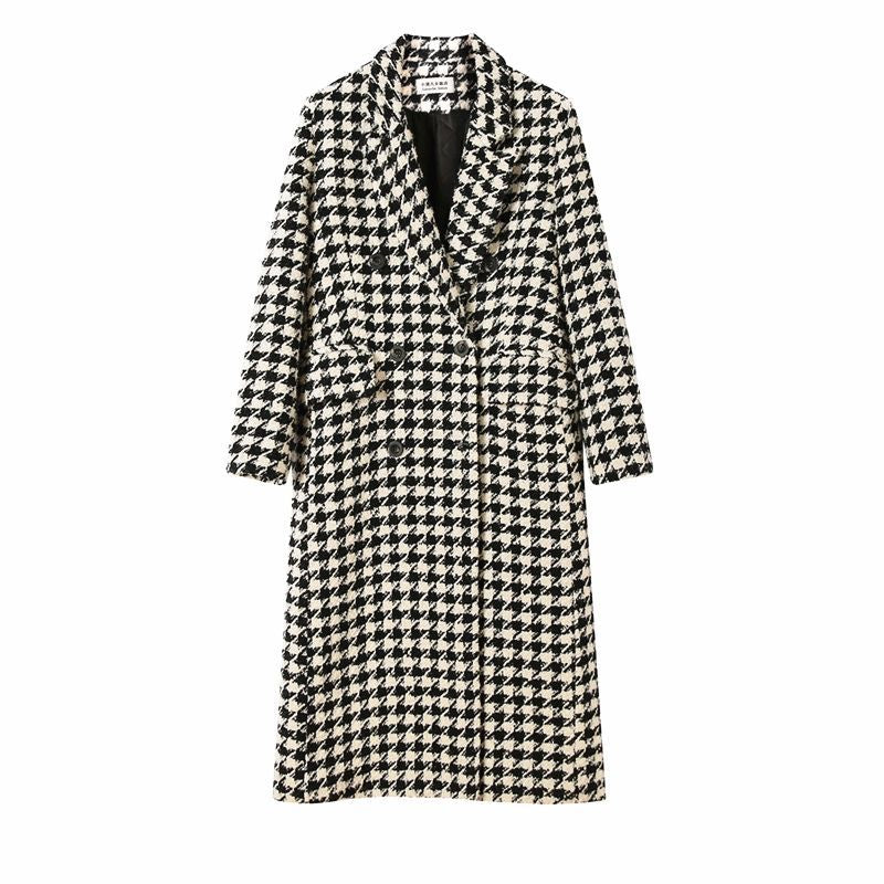 Plaid Trench Coat Autumn Houndstooth Long below the Knee Woolen Coat