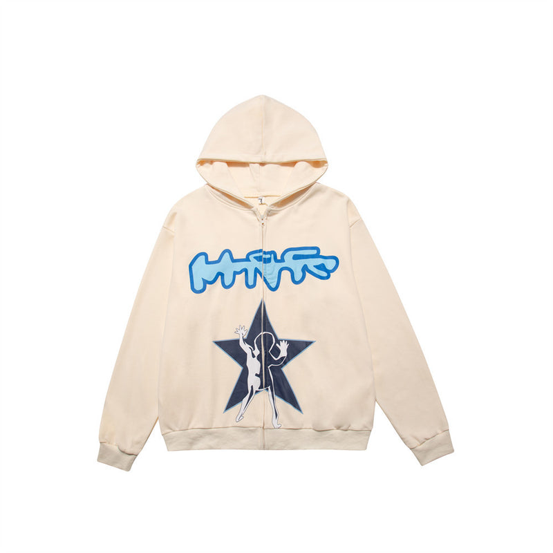 Men Hoodie Print Hooded Cardigan Sweater Male Loose