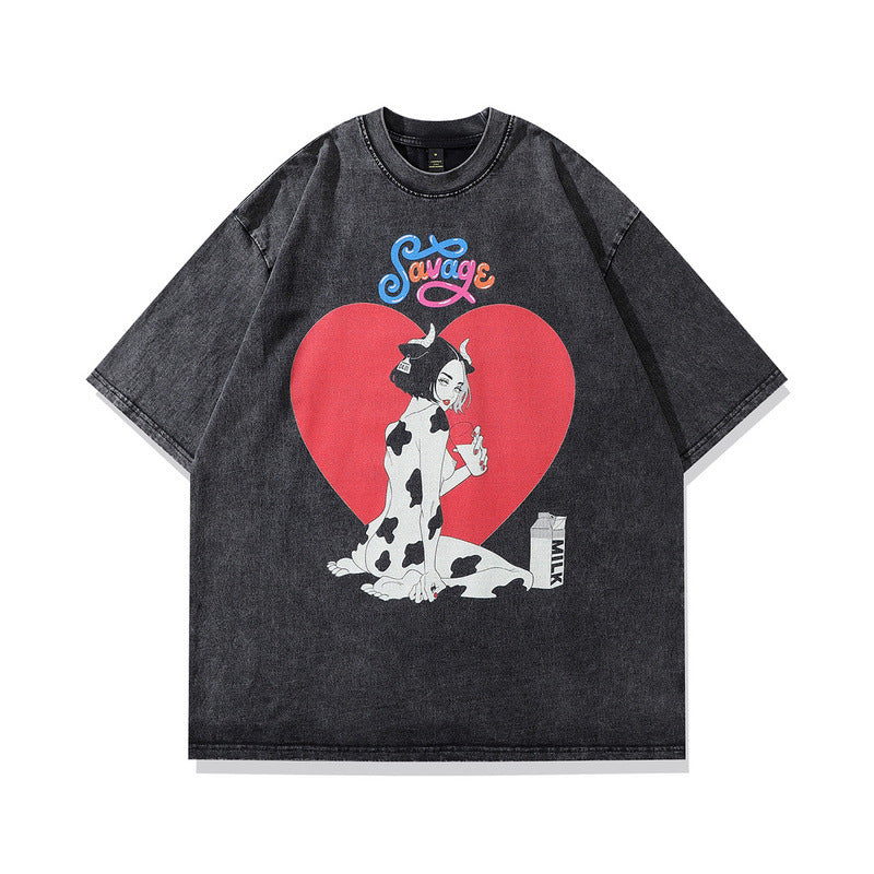 TKPA American washed retro old heart skull print short