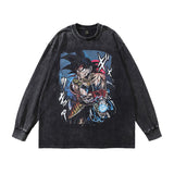Men Long Sleeve Shirt Cartoon Animation Washed Long Sleeve T-shirt Men and Women Street Distressed