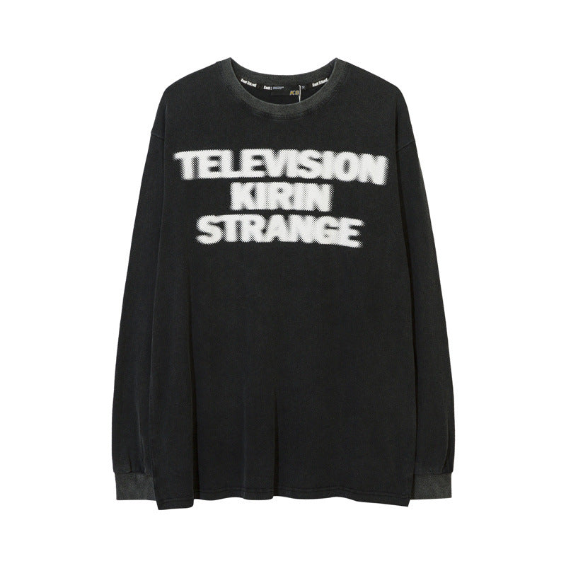 Men Long Sleeve Shirt Washed Distressed Letters Graffiti Long Sleeve T-shirt for Men and Women