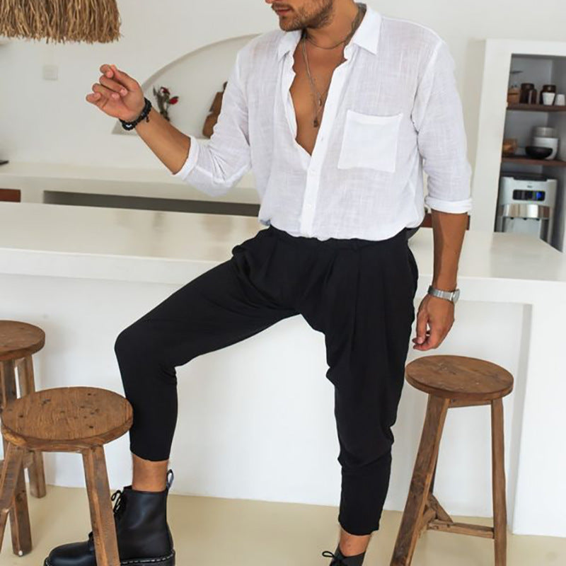 Men Shirt Cardigan Cotton Linen Men's Cotton Linen Shirt Long Sleeve