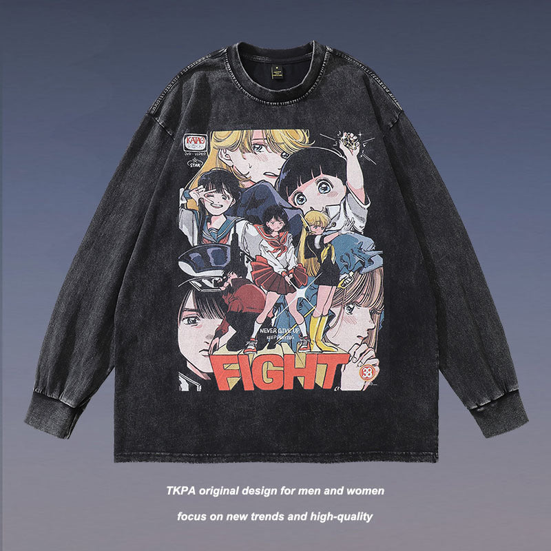 Men Long Sleeve Shirt Printed Distressed Bottoming Long Sleeve T-shirt Men and Women Washed