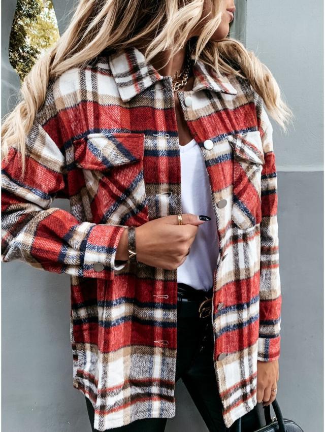 Plaid Trench Coat Autumn and Winter Long Sleeve Plaid Coat