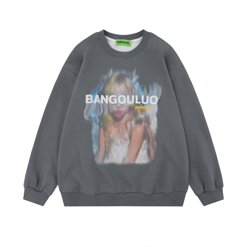 Men Hoodie Fuzzy Character Printed Crew Neck Sweatshirt