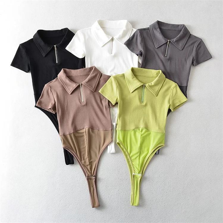 Women T-Shirt Spring/Summer Lapel Mesh Stitching Fashion Tight