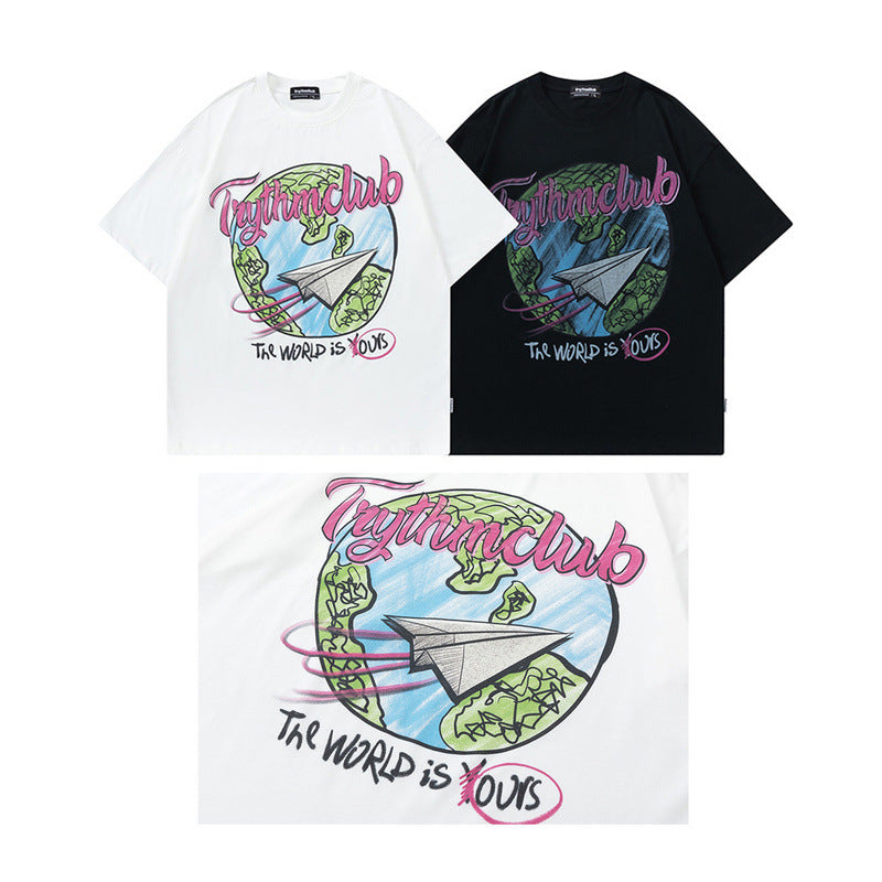 Men's T Shirt Printed Distressed Short-Sleeved T-shirt Men's and Women's Retro Loose