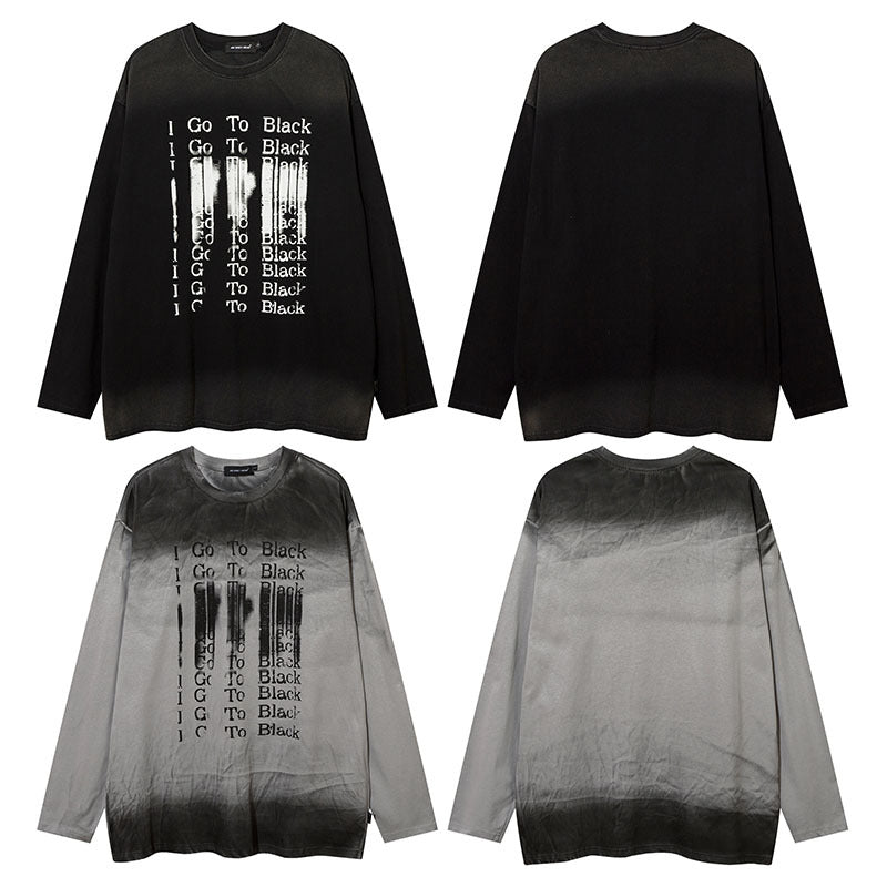 Men Long Sleeve Shirt Distressed Gradient Long Sleeve T-shirt Men and Women Hiphop Street Retro Base