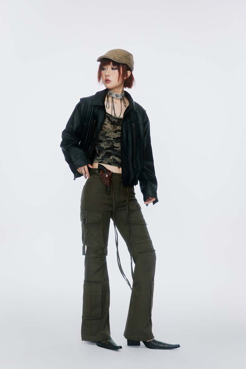 Unisex Jacket Autumn Contrast Color Bronze Zipper Leather Coat