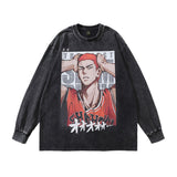Men Long Sleeve Shirt Vintage Cartoon Printed Washed Old Long Sleeve T-shirt for Men and Women