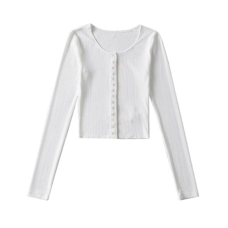 Women T-Shirt Cardigan Spring/Summer round Neck Long Sleeve T-shirt