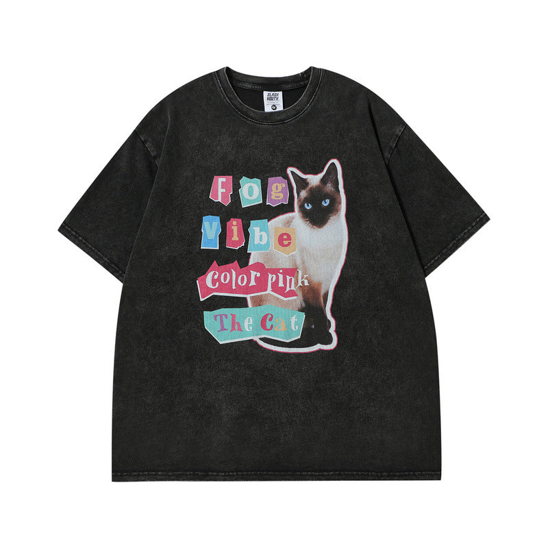 Men T Shirt Vintage Vibe Printed Distressed Couple Short Sleeve T-shirt Men and Women