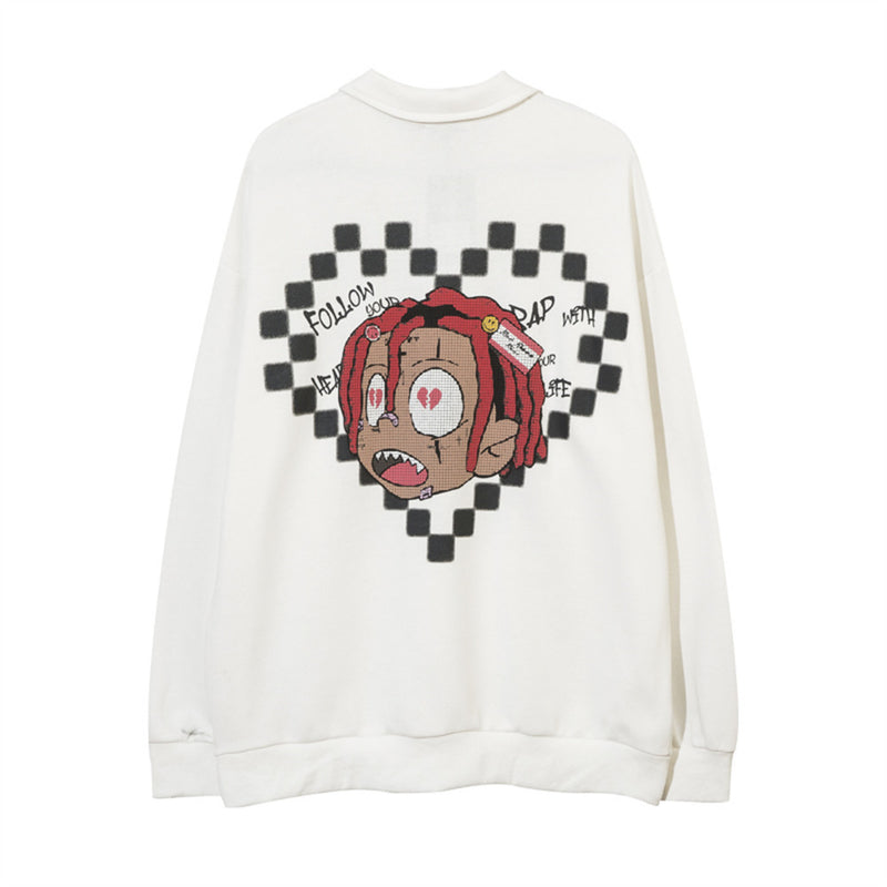 Men Hoodie Heart-Shaped Cartoon Character Printing Lapel Sweatshirt Loose Long Sleeve Half-Open Collar Pullover
