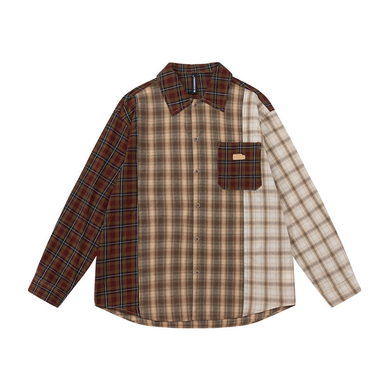 Men Long Sleeve T Shirt Colorblock Check Shirt Men's Spring and Autumn Oversize Hip Hop Long Sleeve Shirt