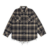 Men Long Sleeved T Shirt Spring and Autumn Lattice Long Sleeve Shirt Coat Vintage Cat Raw-Cut Edges Loose Shirt