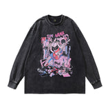 Men Long Sleeve Shirt Cartoon Printed Long-Sleeved T-shirt Men and Women Idle Style Vintage Distressed