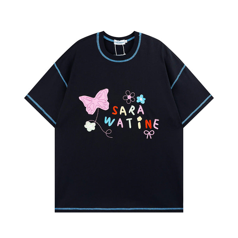 Men's T Shirt Letter Embroidered Printed Short-Sleeved T-shirt Men's and Women's Hee Loose