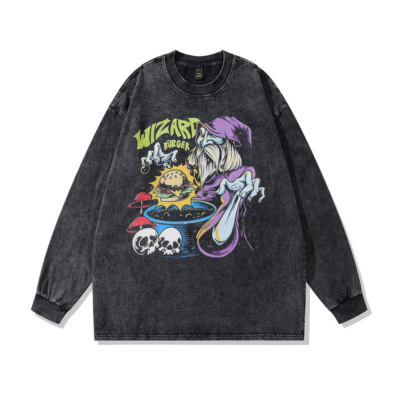 Men Long Sleeve Shirt Hip Hop Retro Vintage Worn Looking Washed-out Long Sleeve T-shirt Men's High Street