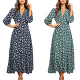 Jungle Print Maxi Dress Vintage Long Sleeve Button High Waist Dress