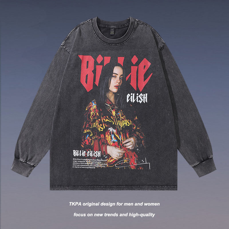 Men Long Sleeve Shirt Vintage Bili Portrait Washed and Worn Long Sleeve T-shirt for Men and Women