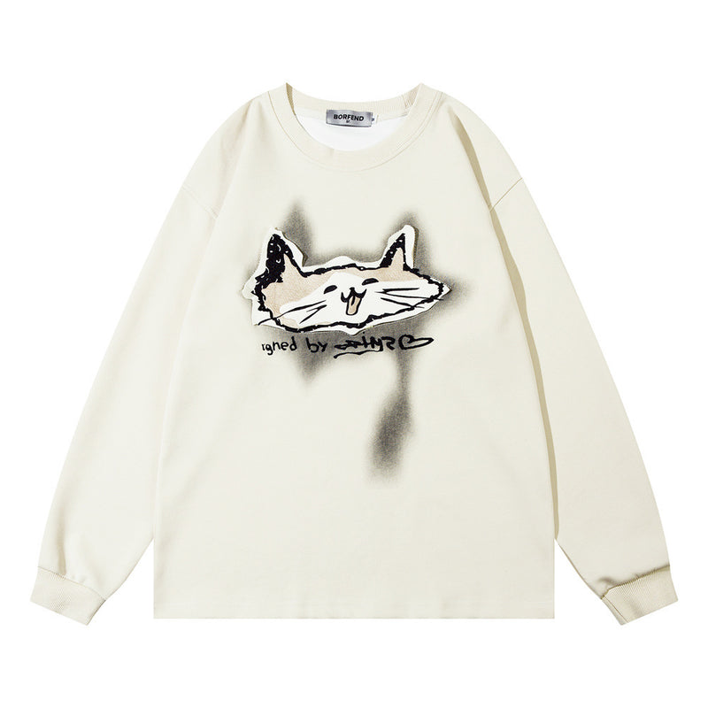 Men Hoodie Cartoon Animal Paste Cloth Embroidery round Neck Sweater