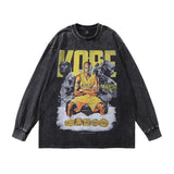 Men Long Sleeve Shirt Cartoon Animation Washed Long Sleeve T-shirt Men and Women Street Distressed