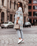 Plaid Trench Coat Winter Coat Women's Long Sleeve Checked Woolen Coat Casual