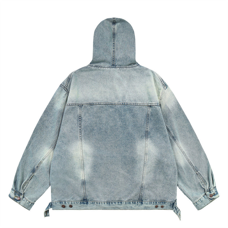Men Denim Jacket Washed Distressed Stitching Denim Hoodie Men's Loose Jacket Hooded Coat Autumn and Winter