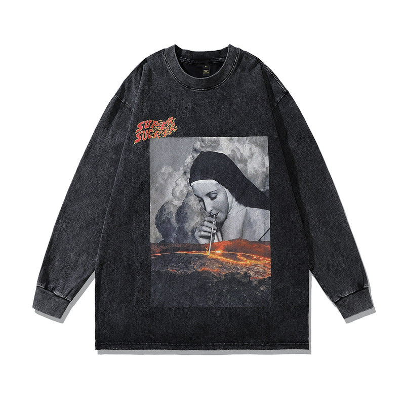 Men Long Sleeve Shirt Vintage Distressed Washed Printed Long Sleeve T-shirt Bottoming Shirt for Men and Women