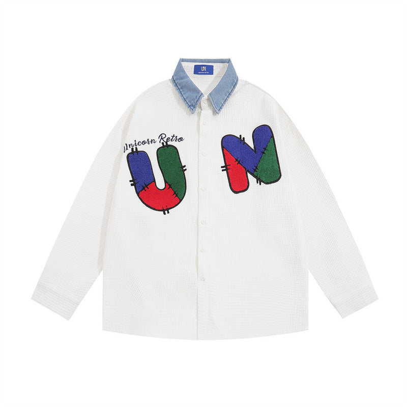 Men Long Sleeved T Shirt Embroidered Letter Long Sleeve Shirt Men's Loose Casual Contrast Color Shirt Spring and Autumn