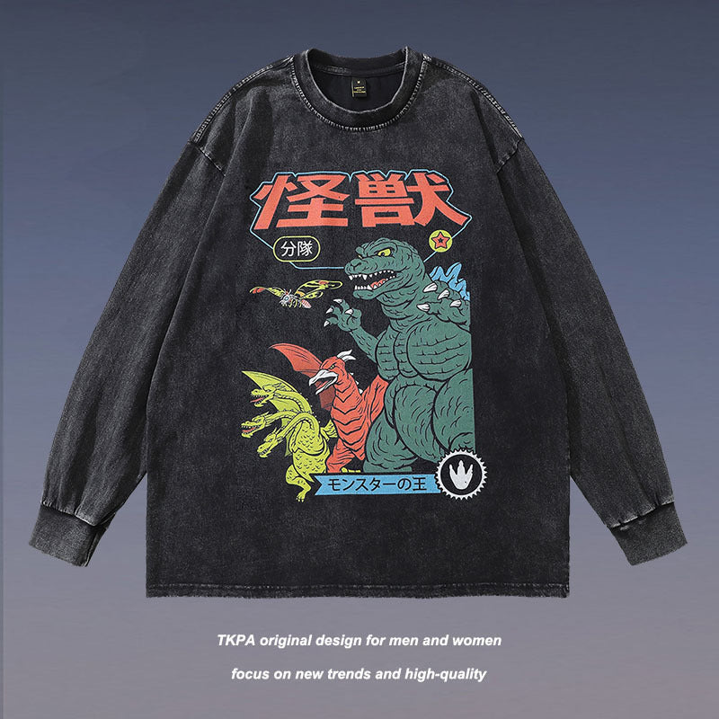 Men Long Sleeve Shirt Cartoon Printed Long-Sleeved Vintage T-shirt Men and Women Couple