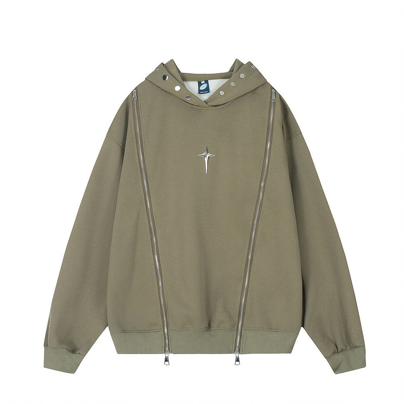 Men Hoodie Sweater Man Pair-Way Zipper Stitching Loose Cool Hoodie Autumn and Winter Clothing