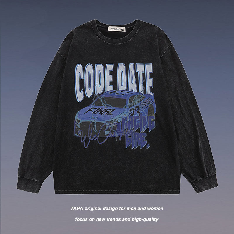 Men Long Sleeve Shirt Vintage Printed Washed Long Sleeve Bottoming T-shirt Men and Women Retro Loose
