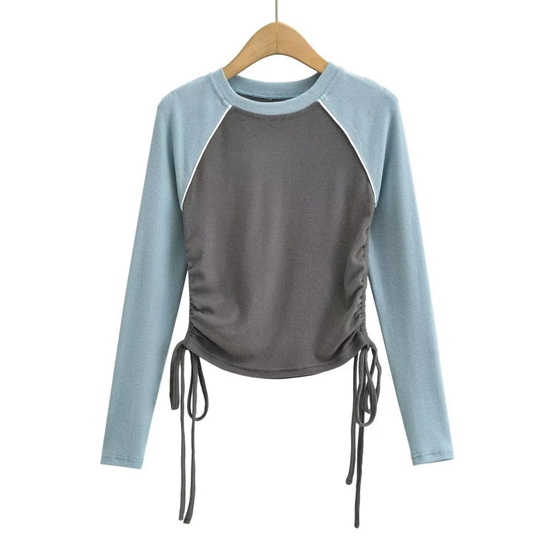 Women T-shirt Color Contrast Patchwork Drawstring Long Sleeve Top O-neck Short