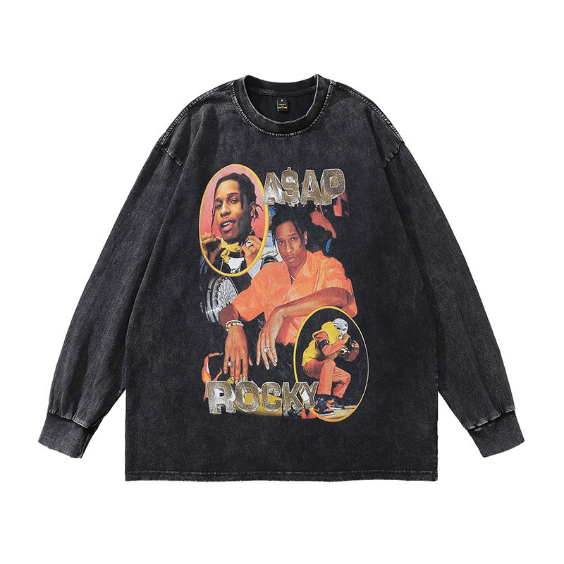 Men Long Sleeve Shirt Hip Hop Wash Long Sleeve T-shirt Men and Women Street Vintage