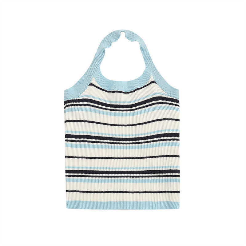 Women Vest Knitted Striped Heart-Hanging Girl Summer Casual Contrast Color Short
