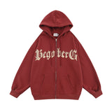 Men Fleece Lined Hoodie Letter Print Hooded Cardigan Sweater Male Loose Zipped Sports Coat