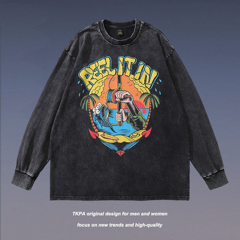 Men's Long Sleeve Shirt Printed Long-Sleeved T-shirt Men's and Women's Hiphop Preppy Style Distressed Top