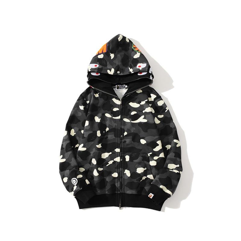 Bathing Ape Hoodie Shark Head Embroidery Luminous Spot Camouflage Double Hood Brushed Hoody Men and Women